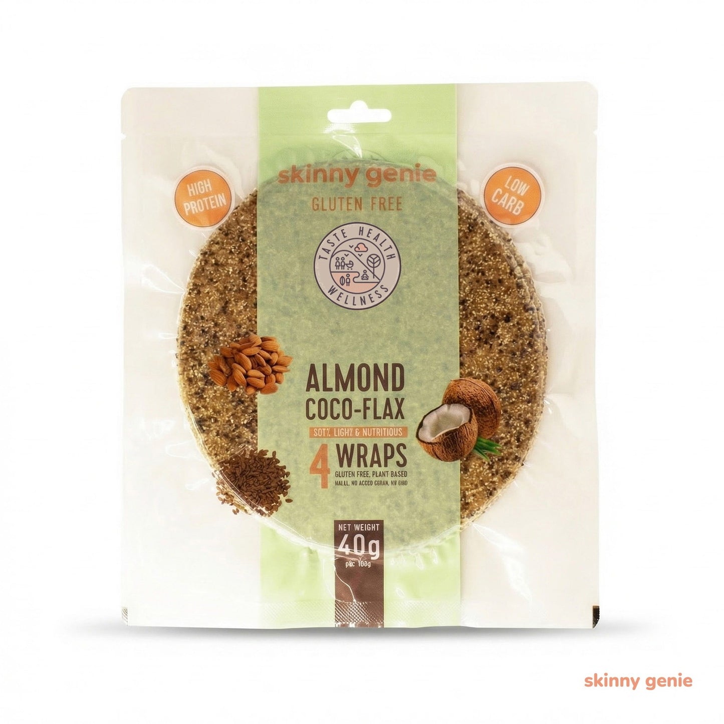 Gluten-free almond coco-flax wrap in Dubai — Skinny Genie low-carb vegan tortilla