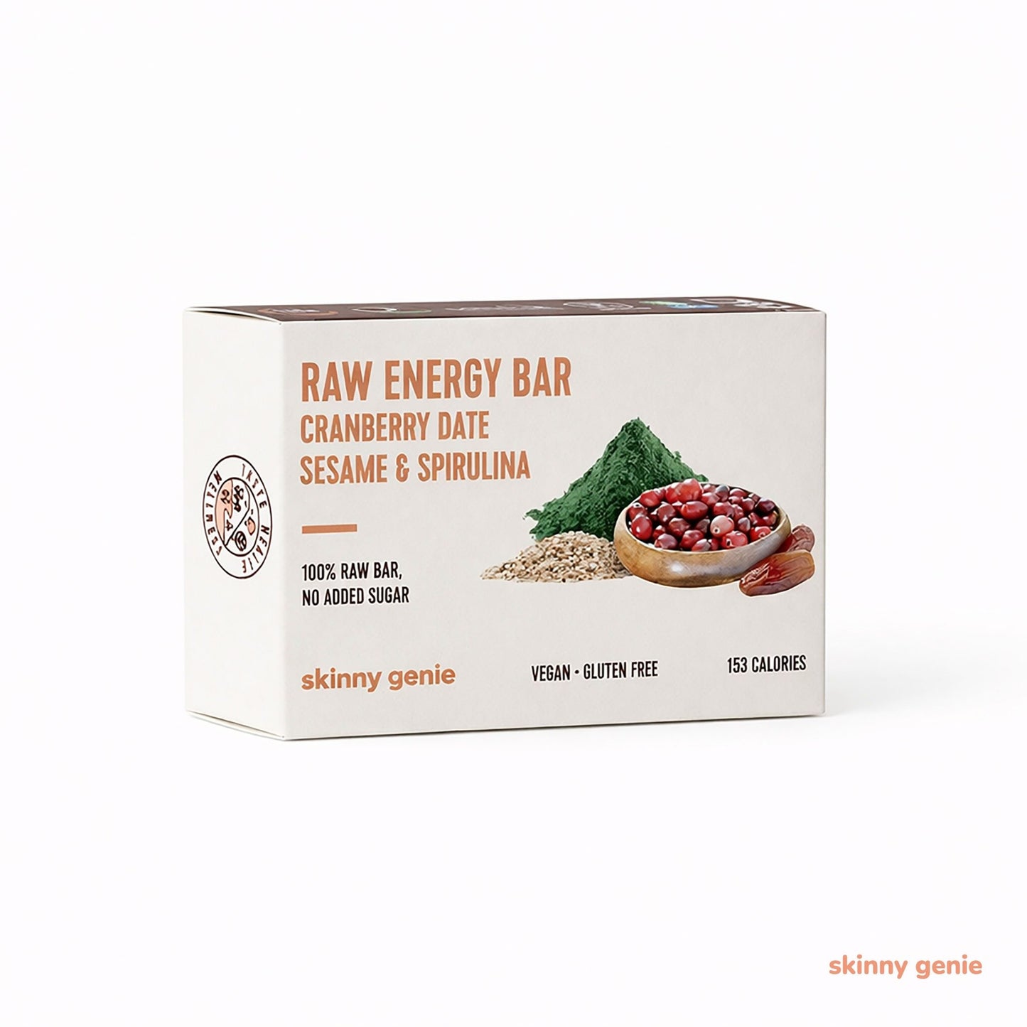 Gluten-free raw energy bar with cranberry, date, sesame & spirulina in Dubai — Skinny Genie vegan snack