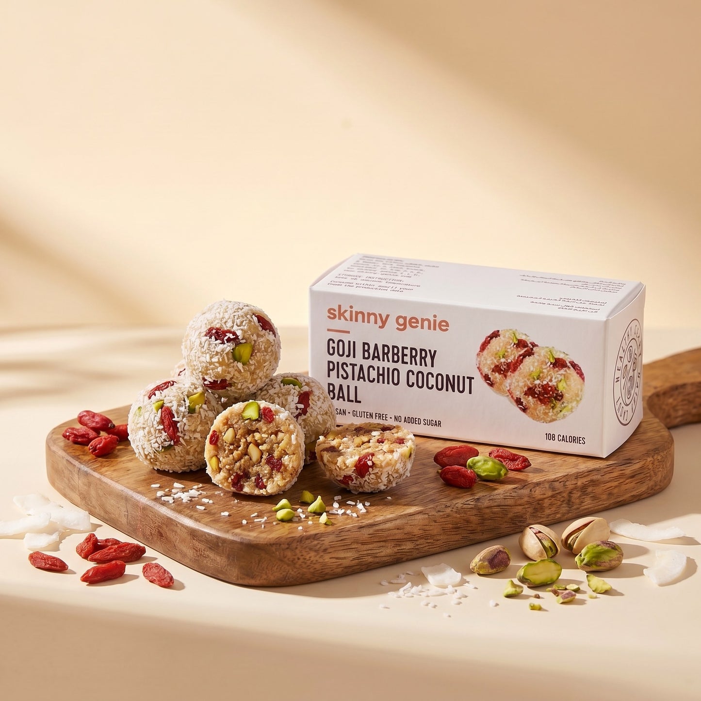 Skinny Genie gluten-free goji barberry pistachio coconut pea protein ball — Coeliac UK certified
