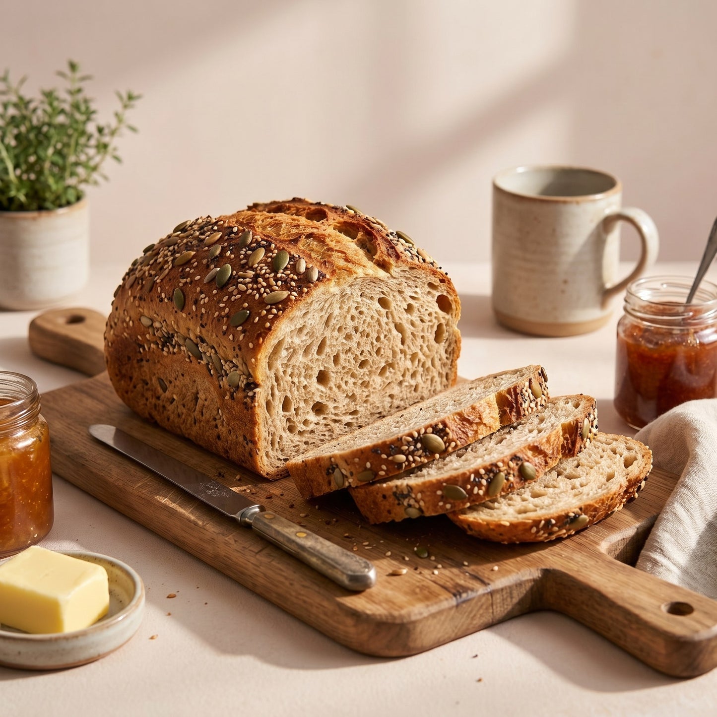 Skinny Genie gluten-free multigrain bread with butter — Coeliac UK certified