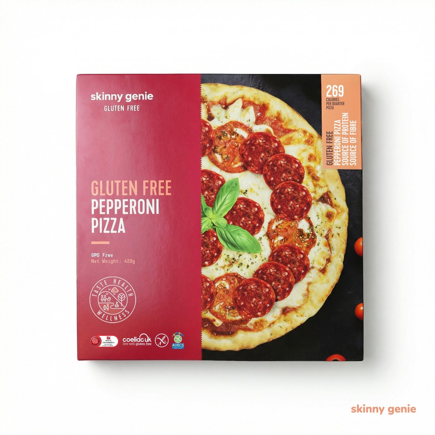 Skinny Genie gluten-free pepperoni pizza — Coeliac UK certified, ELISA tested to 5 PPM