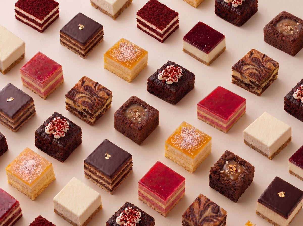 Assorted colourful gluten-free petit-four cakes and desserts arranged in a grid