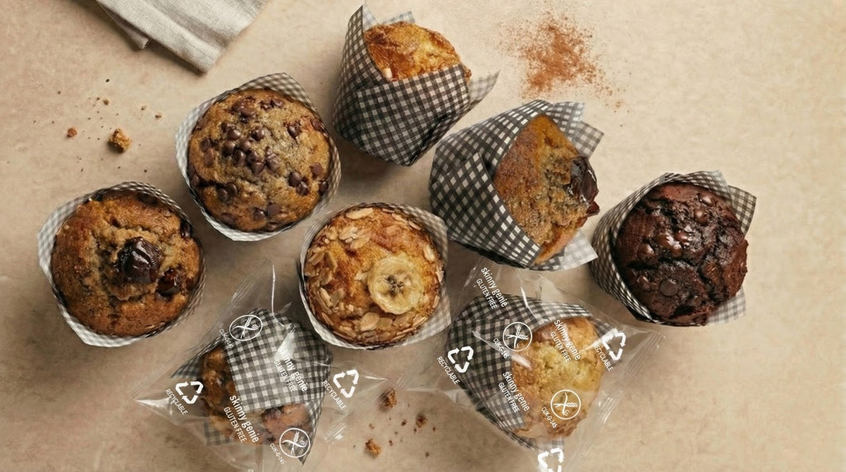 Skinny Genie gluten-free muffins in flow wrap and cupcake liner packaging