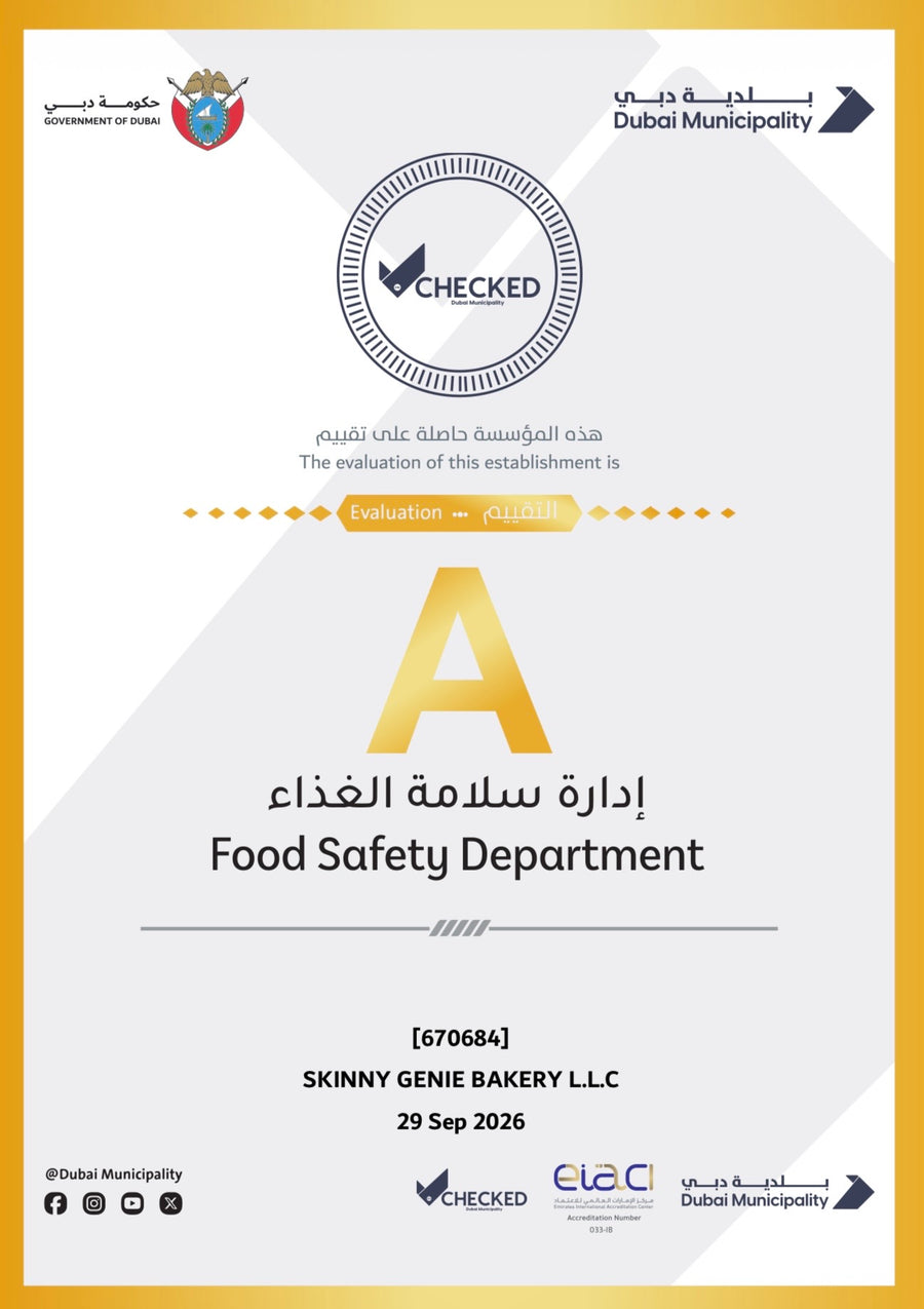 Dubai Municipality Food Safety Grade A certificate for Skinny Genie Bakery LLC, 29 September 2026