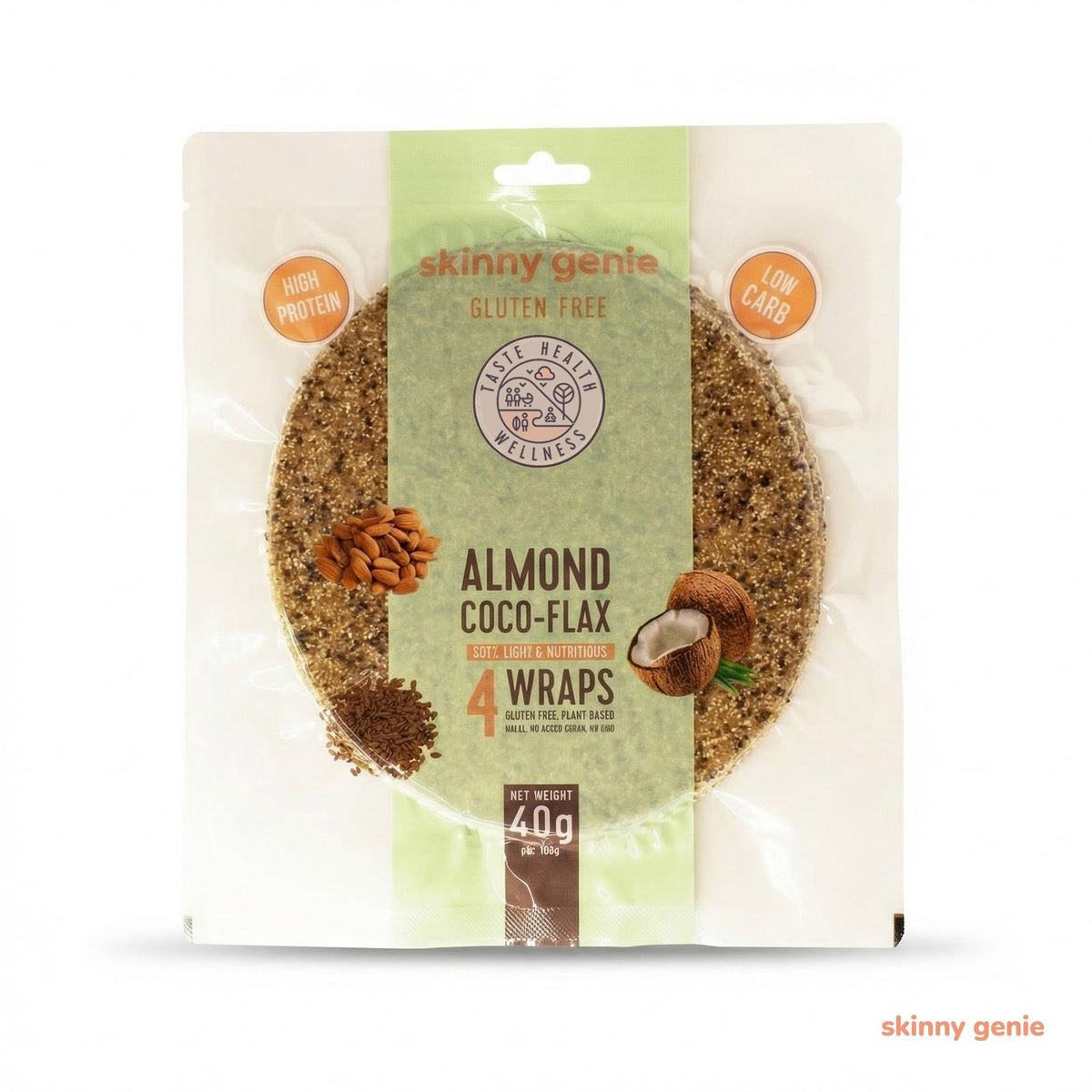 Gluten-free almond coco-flax wrap in Dubai, Skinny Genie low-carb vegan tortilla