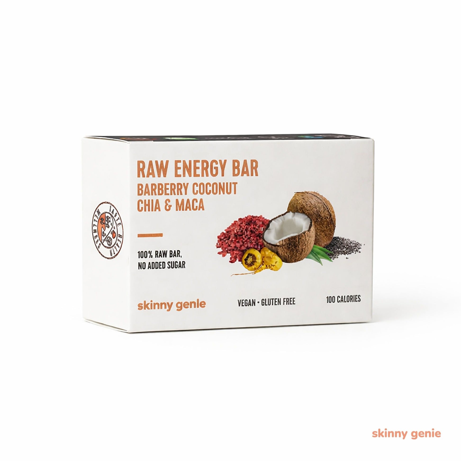 Gluten-free raw energy bar with barberry, coconut, chia & maca in Dubai — Skinny Genie vegan snack