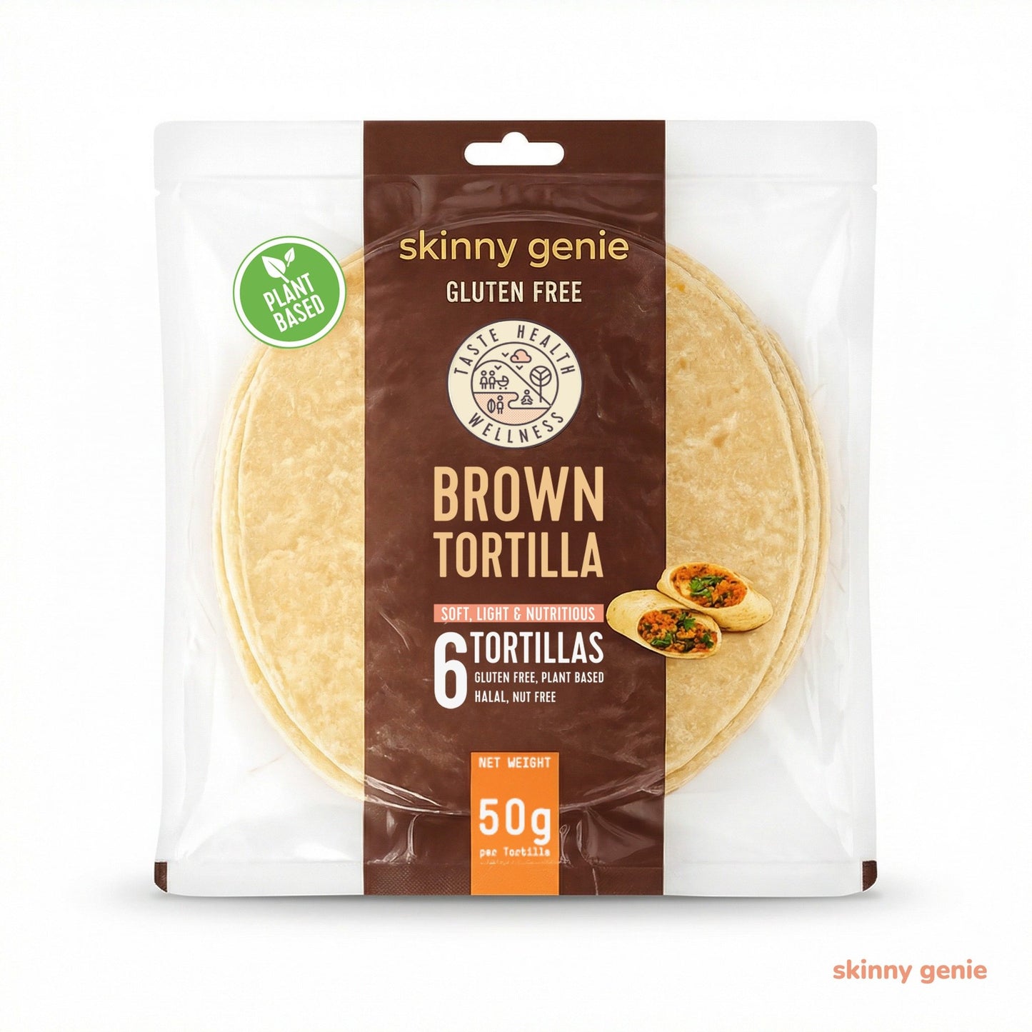 Gluten-free vegan brown tortilla in Dubai — Skinny Genie soft wrap for healthy meals
