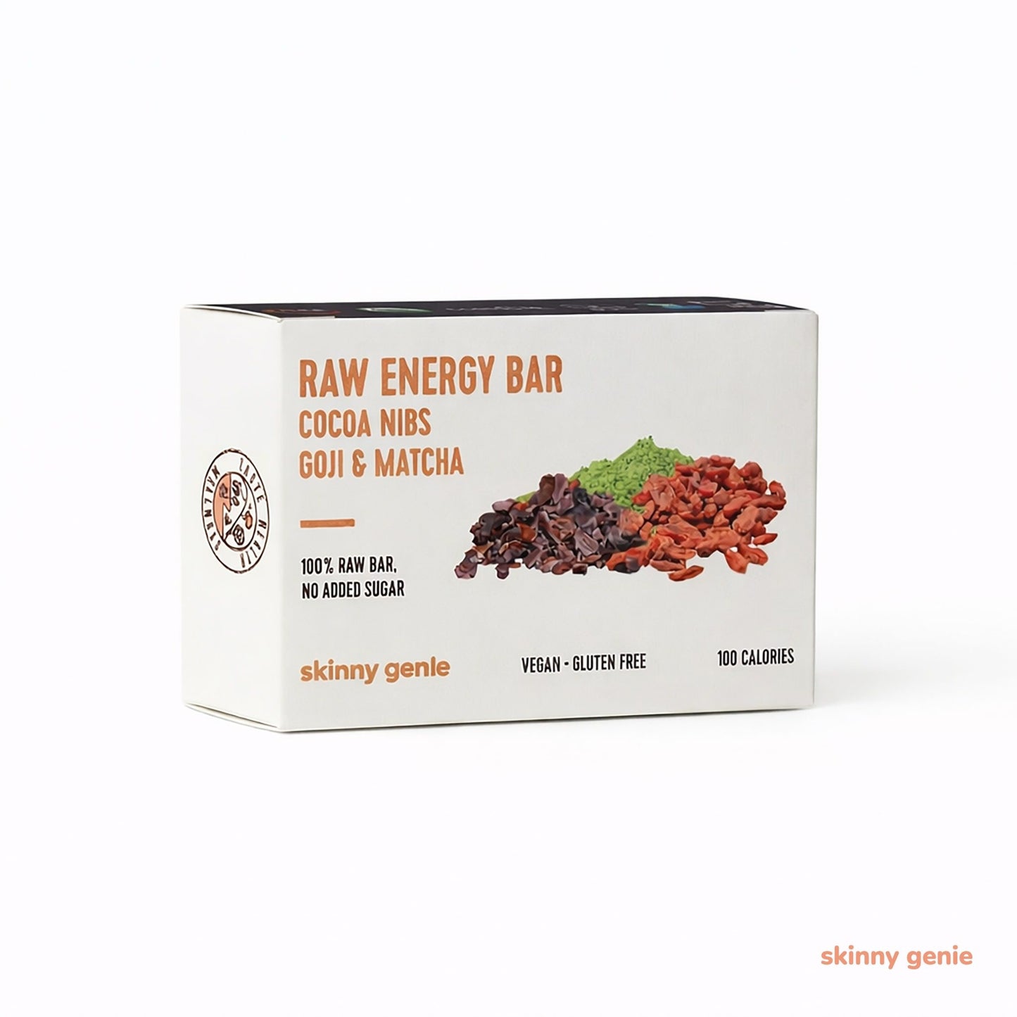Gluten-free raw energy bar with cocoa nibs, goji & matcha in Dubai — Skinny Genie vegan snack