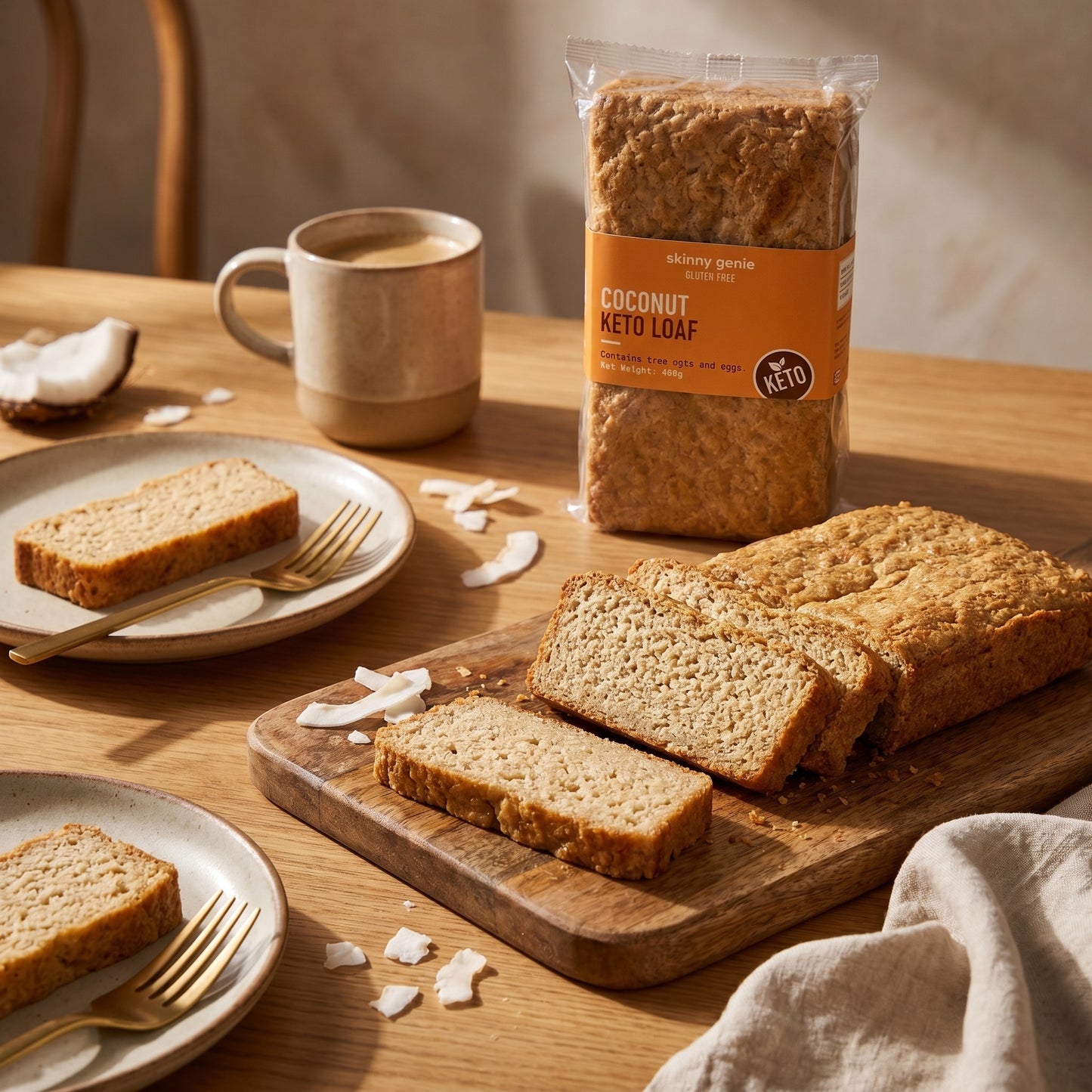 Skinny Genie keto gluten-free coconut loaf served at breakfast — Coeliac UK certified