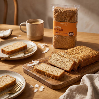Skinny Genie keto gluten-free coconut loaf served at breakfast — Coeliac UK certified