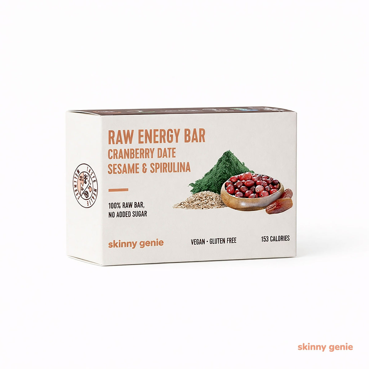 Gluten-free raw energy bar with cranberry, date, sesame & spirulina in Dubai, Skinny Genie vegan snack