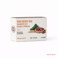 Gluten-free raw energy bar with cranberry, date, sesame & spirulina in Dubai, Skinny Genie vegan snack