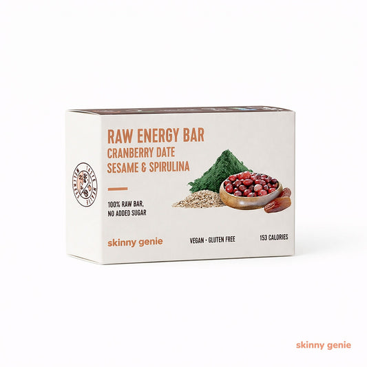 Gluten-free raw energy bar with cranberry, date, sesame & spirulina in Dubai — Skinny Genie vegan snack