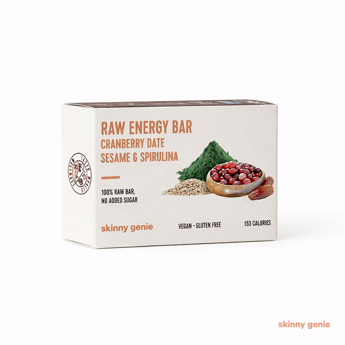 Gluten-free raw energy bar with cranberry, date, sesame & spirulina in Dubai, Skinny Genie vegan snack