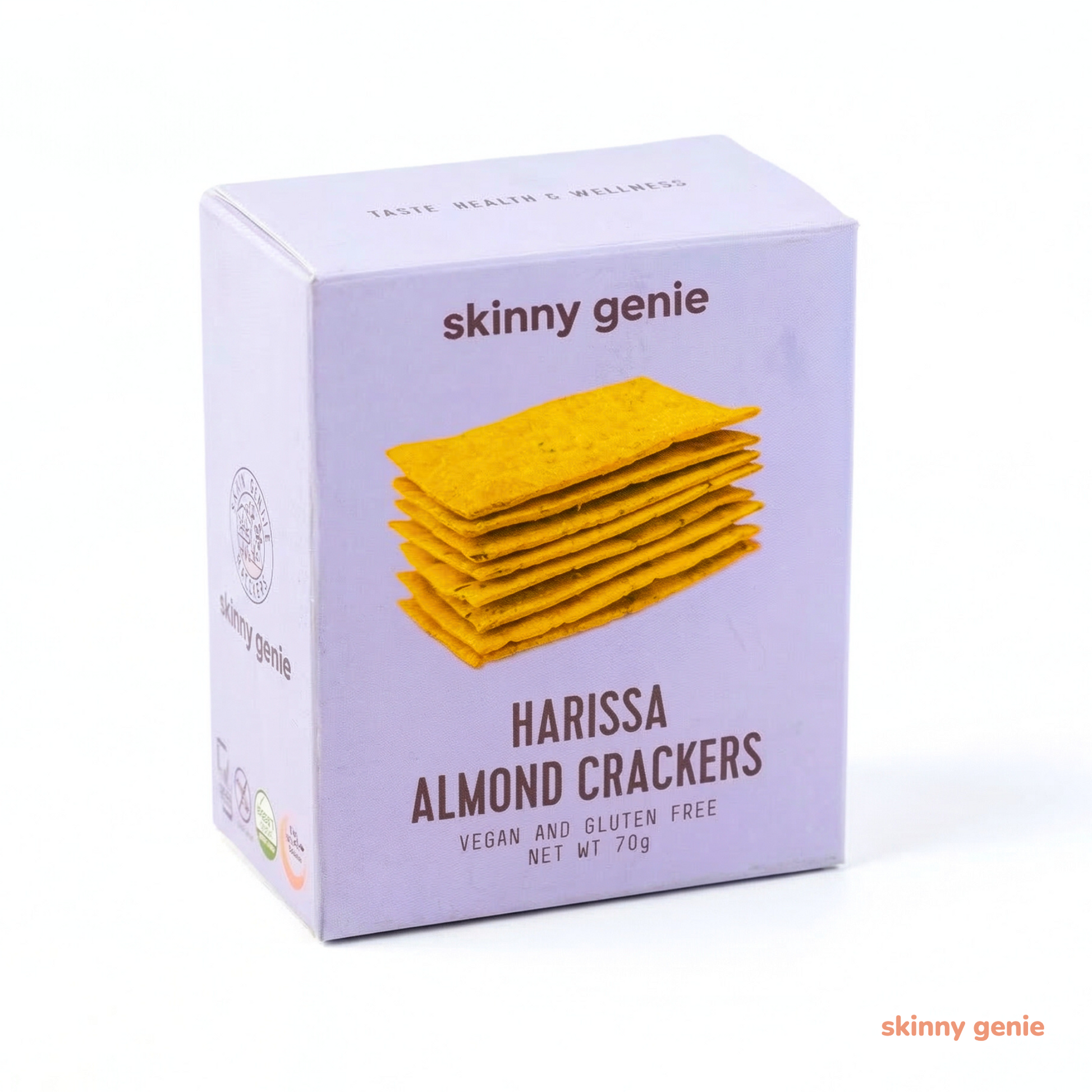 Gluten-free harissa almond crackers in Dubai — Skinny Genie spicy vegan snack