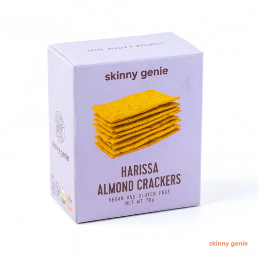 Gluten-free harissa almond crackers in Dubai — Skinny Genie spicy vegan snack