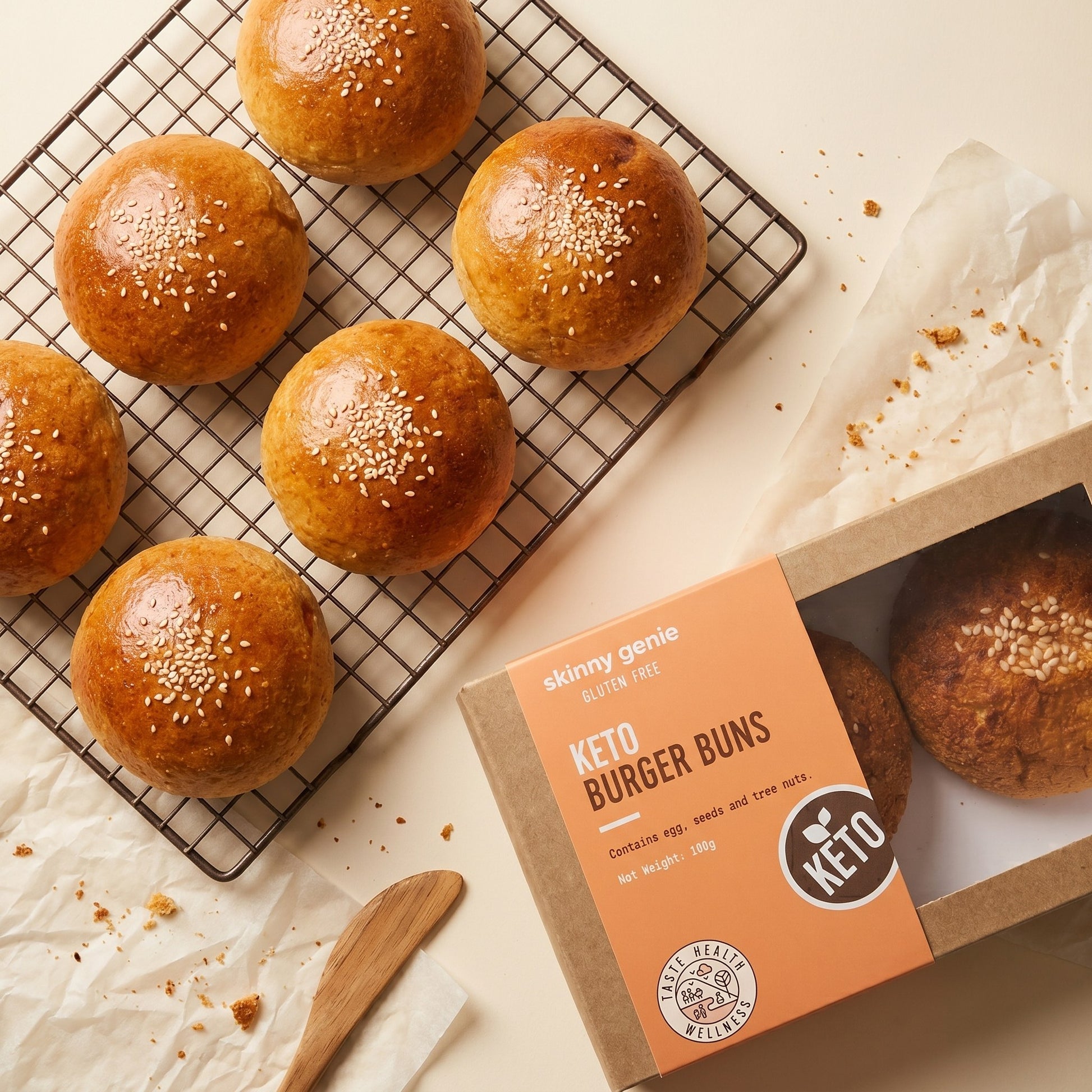 Skinny Genie keto gluten-free burger buns packaging — Coeliac UK certified