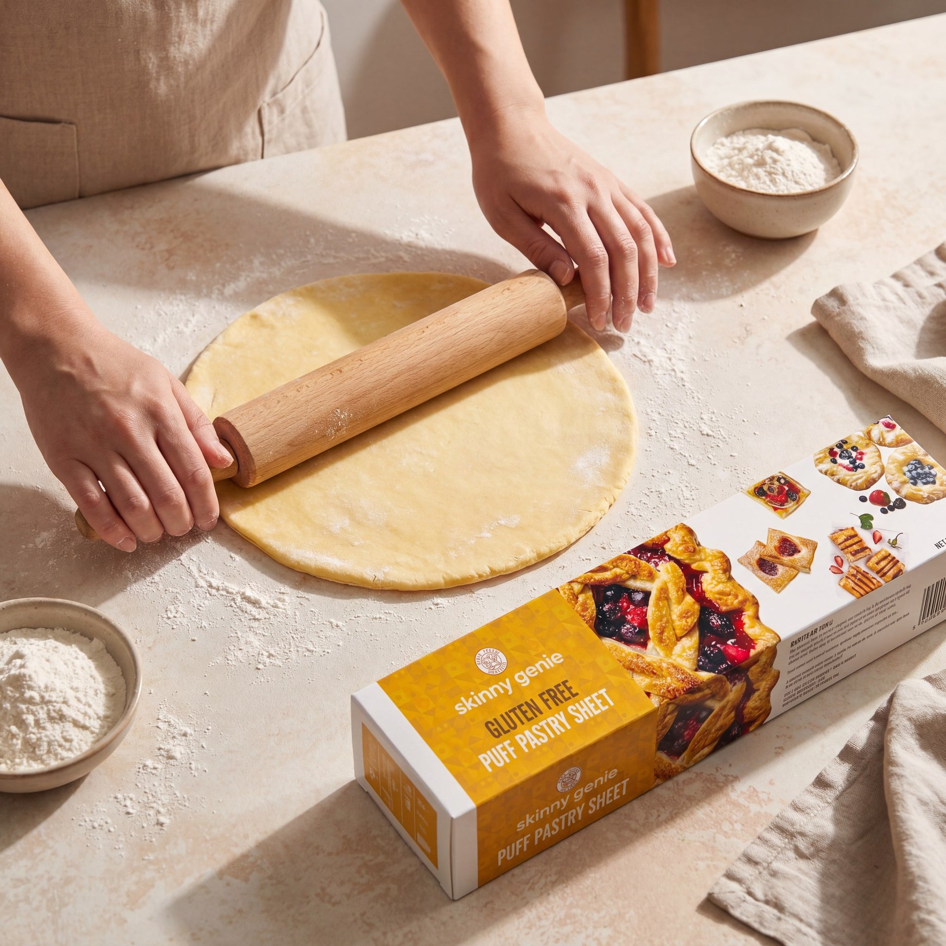 Skinny Genie gluten-free puff pastry being rolled — versatile home baking sheet
