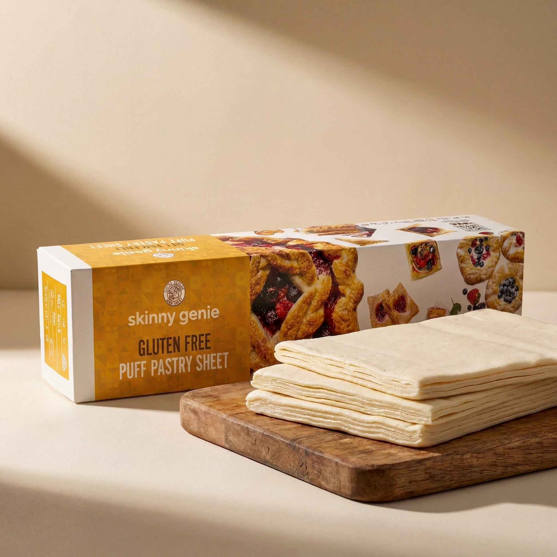 Skinny Genie gluten-free puff pastry sheets stacked — ready-to-bake from frozen