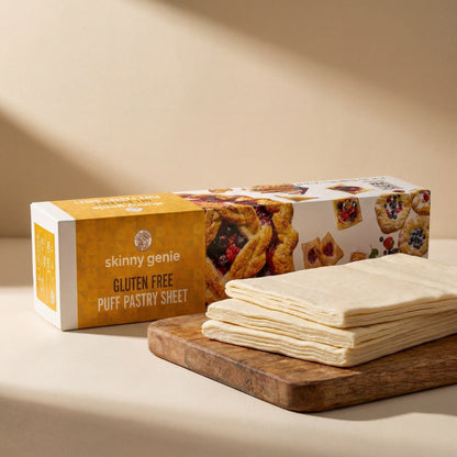 Skinny Genie gluten-free puff pastry sheets stacked — ready-to-bake from frozen