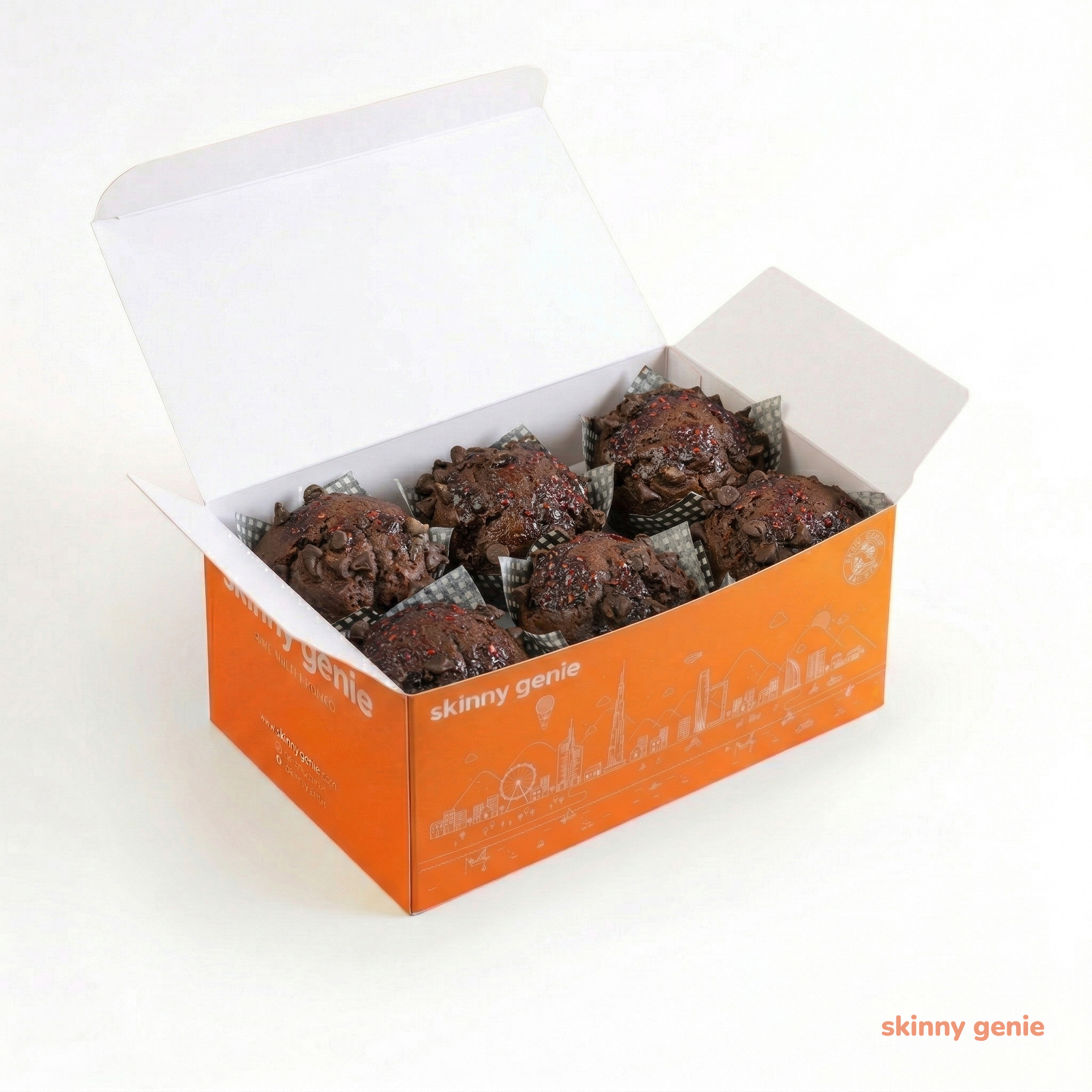 Skinny Genie gluten-free raspberry dark chocolate muffin — full 6-pack box