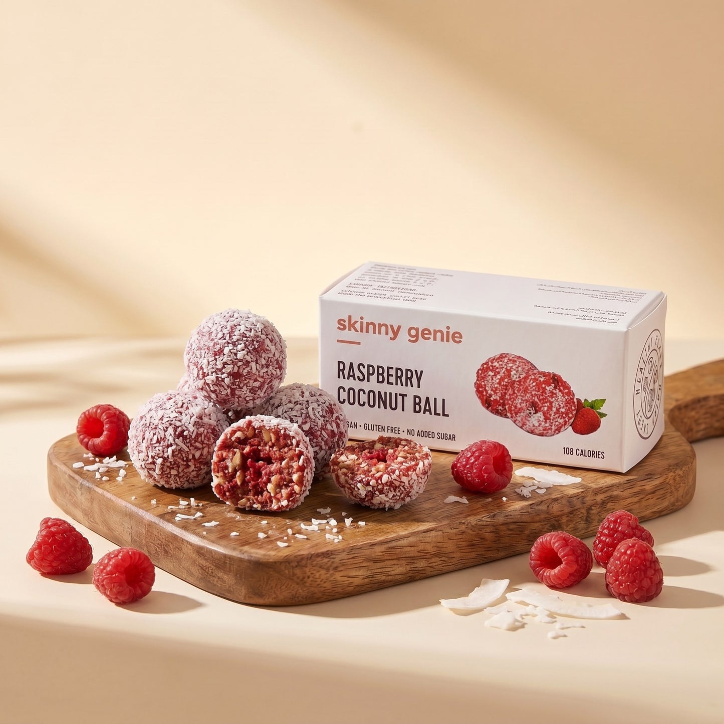 Skinny Genie gluten-free raspberry coconut pea protein ball — Coeliac UK certified