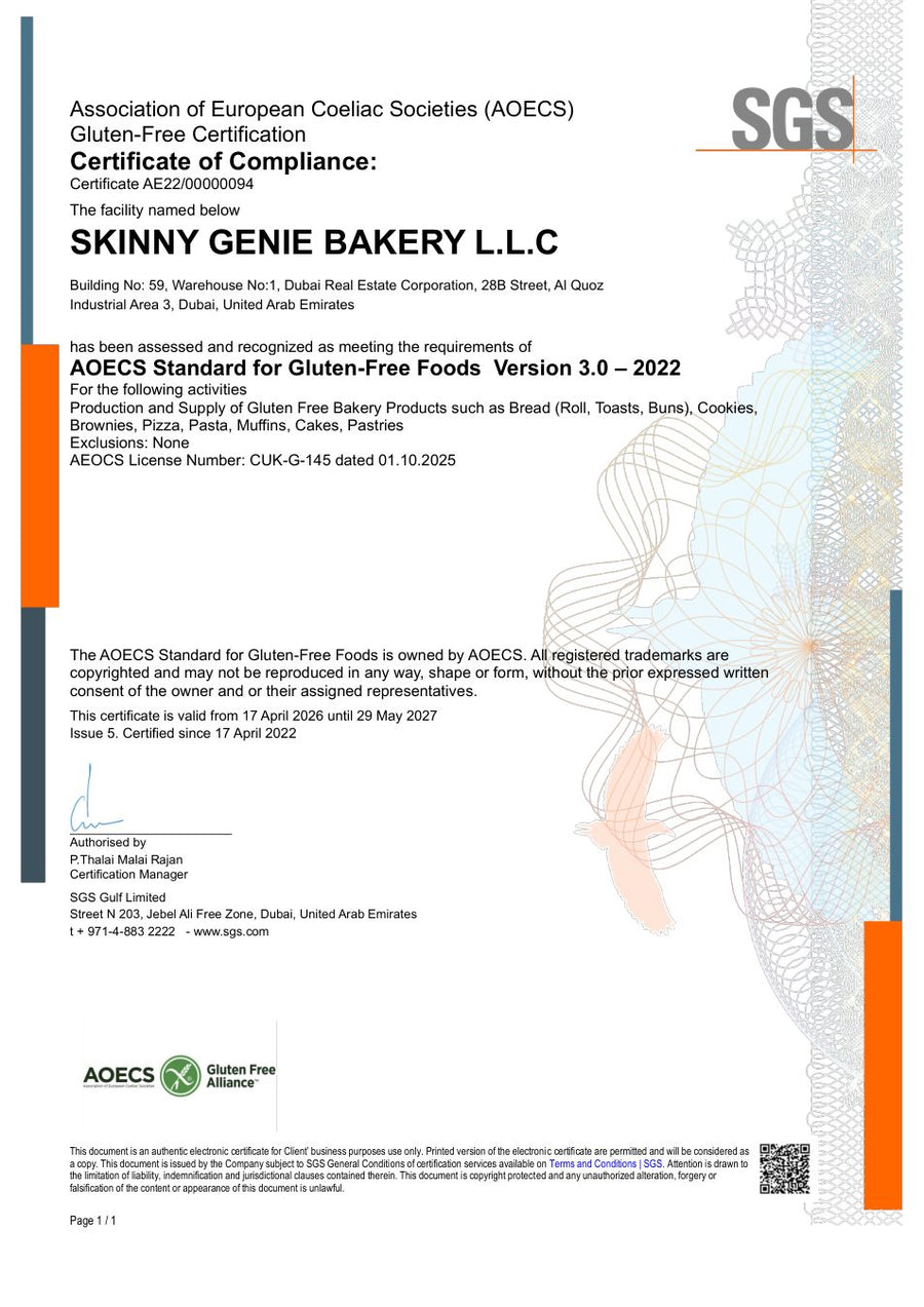 AOECS Gluten-Free Certification certificate for Skinny Genie Bakery LLC