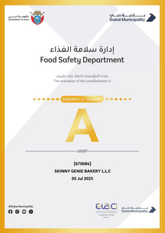 Dubai Municipality Food Safety Grade A certificate for Skinny Genie Bakery LLC, 05 July 2025