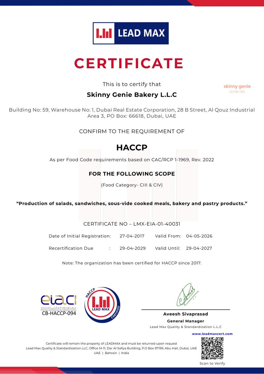 HACCP Certification certificate for Skinny Genie Bakery LLC