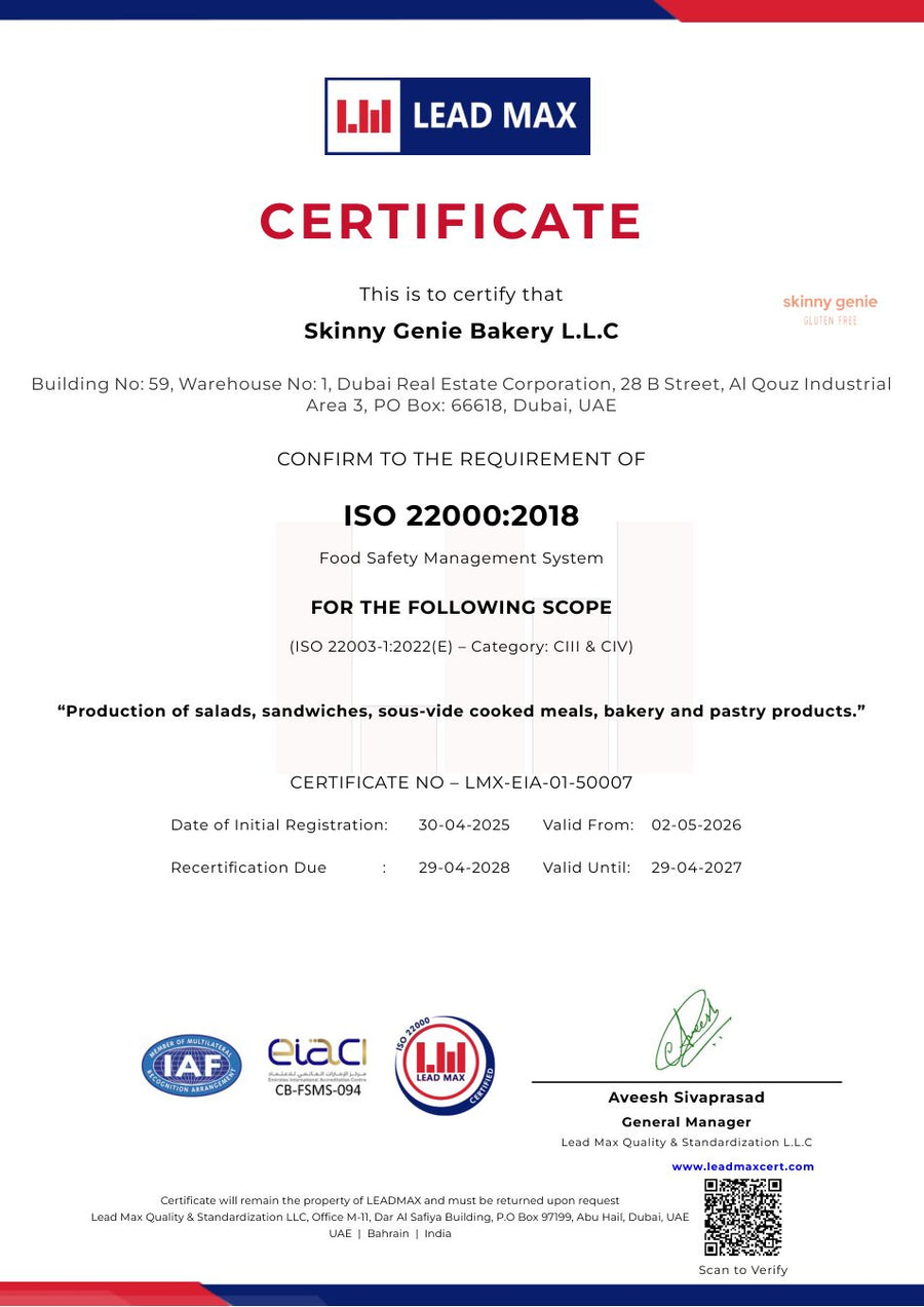 ISO 22000:2018 Food Safety Management System certificate for Skinny Genie Bakery LLC