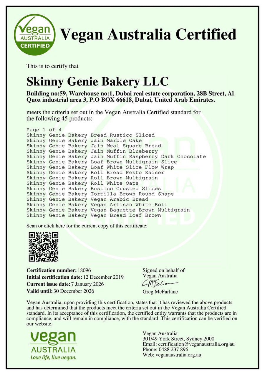 Vegan Australia Certified certificate for Skinny Genie Bakery LLC