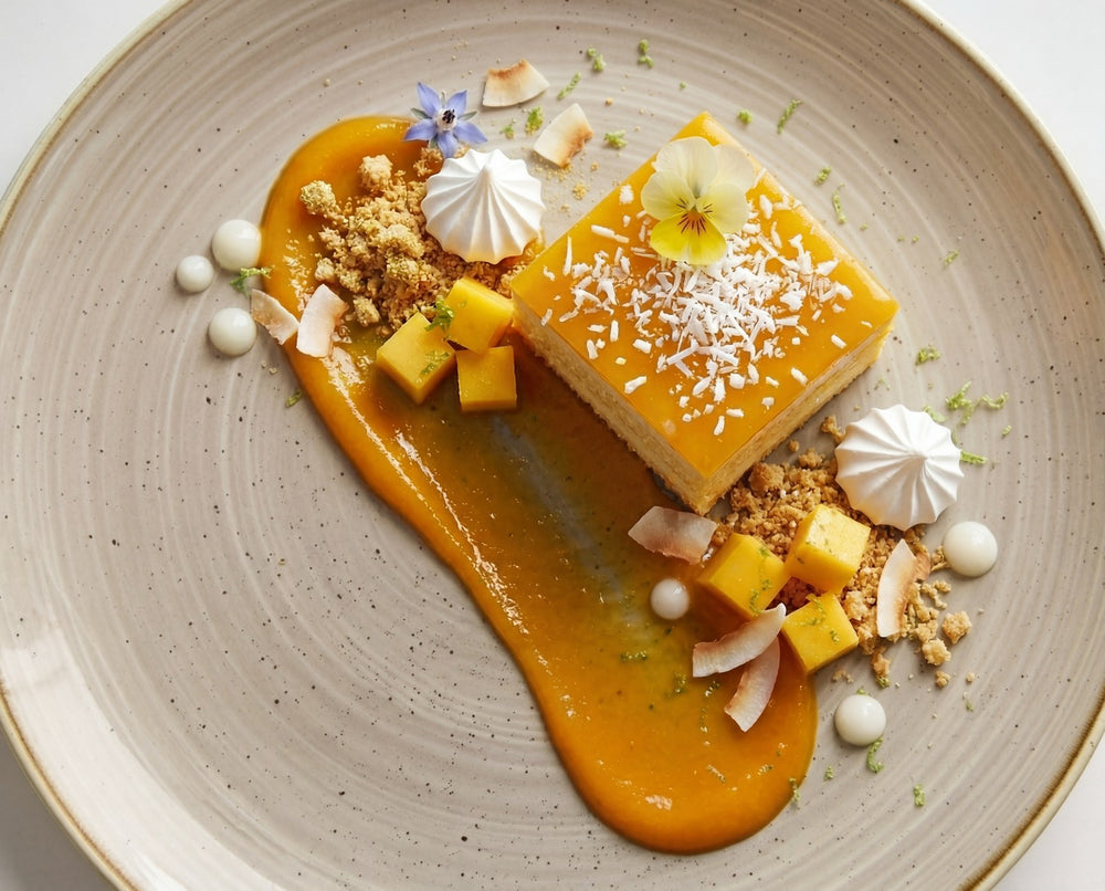 Plated gluten-free mango and coconut dessert slice with tropical garnish, restaurant-style presentation
