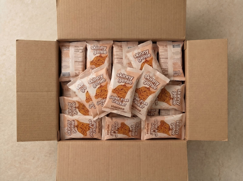 Case of Skinny Genie gluten-free Harissa crackers packed for bulk shipping