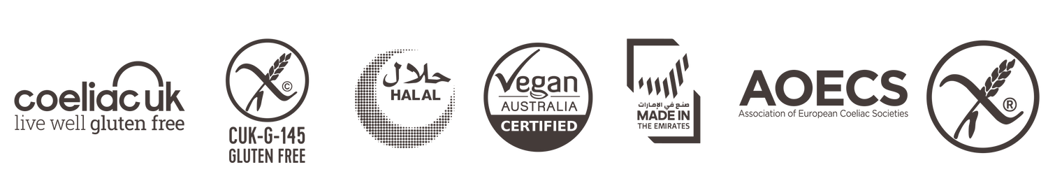 Skinny Genie certifications — Coeliac UK, AOECS gluten-free CUK-G-145, Halal, Vegan Australia Certified, Made in the Emirates