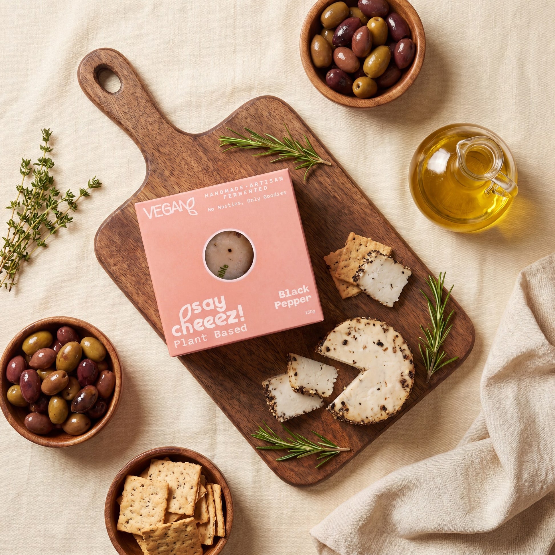 Skinny Genie vegan black pepper cheese flatlay — plant-based gluten-free