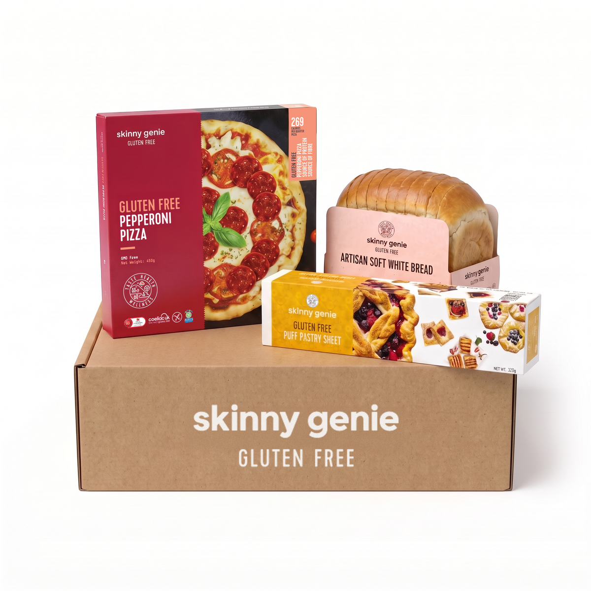Skinny Genie Weekly Essentials Bundle: gluten-free pepperoni pizza, artisan soft white bread loaf and puff pastry sheet on a branded box